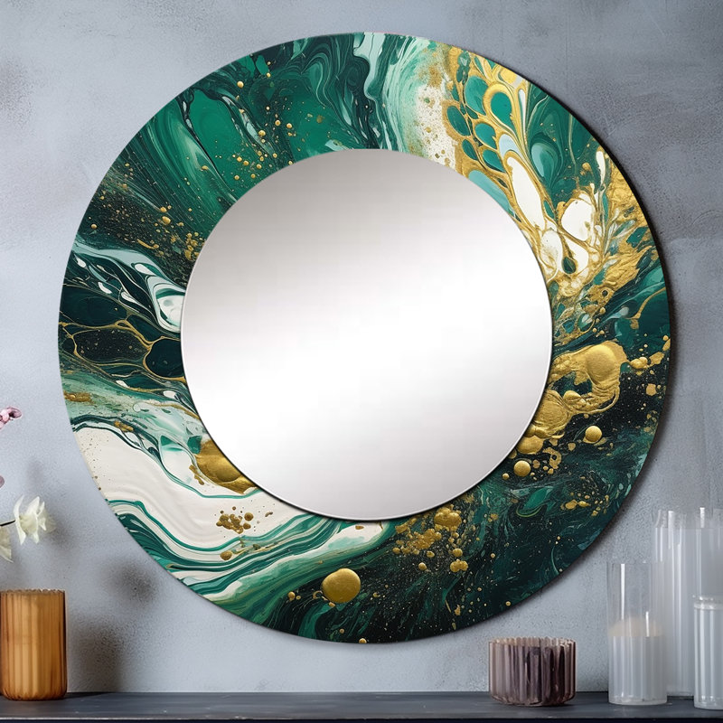 Vert et or Serene Cascade I - miroir unique abstrait, grand miroir mural vert, impression sur métal, 23 po x 23 po, Rond