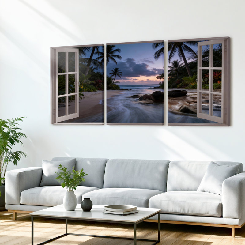 Tropical Beach Sunset Window View Canvas Wrapped Wall Art Set Of 3, 1624