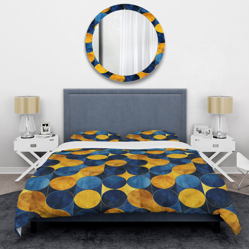 Ensemble de housse de couette moderne bleu et jaune Modern Circles IV, Housse de couette très grand + 2 très grandes ta