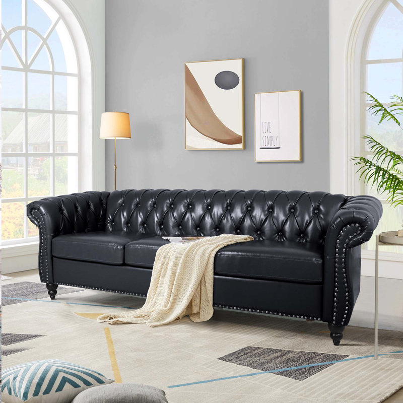 Deaneen 83.85'' Faux Leather Sofa, Black Faux Leather