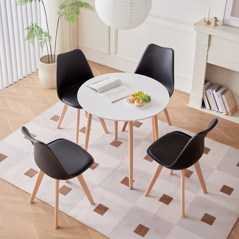 4 - Person Dining Set - Modern Round Kitchen & Dining Table Set With 4 Upholstered Chairs - Natural Wood Legs, Black