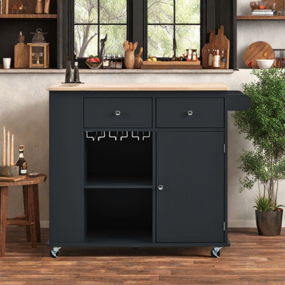 Kitchen Island with Power Outlet, Drop Leaf, Adjustable Storage and Wine Rack