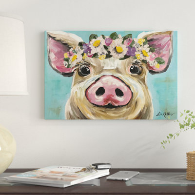 « porc avec fleur couronne sur turquoise » par hippie hound studios, impression sur toile tendue