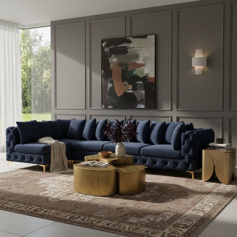 Canapé modulaire réversible en velours de 138 po de largeur, Velours bleu marine