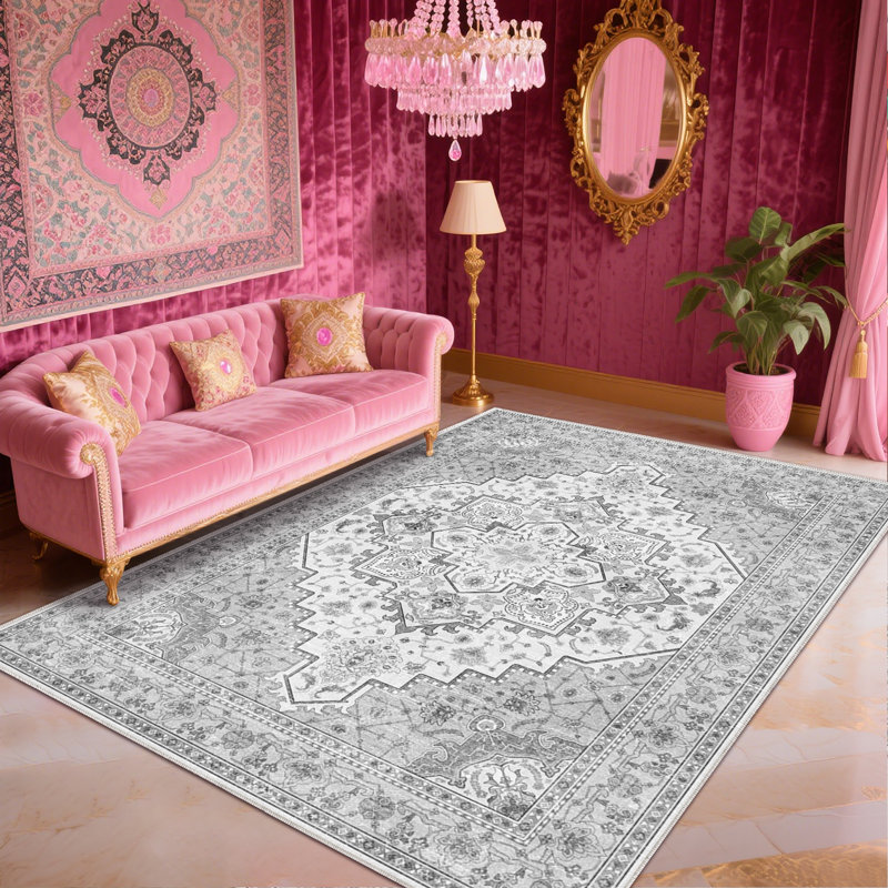 Bohemian Area Rug, Boho Rug 7x10, Vintage Area Rugs for Living Room, Low Pile Carpet for Bedroom Dining Room, Tumble Rug for High Traffic Area, Washable Rugs for Home Decor Use, Non Slip, Grey 