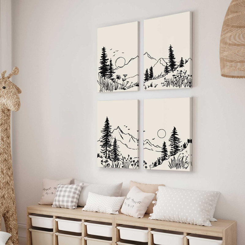 Ensemble de 4 impressions Whispering Peaks, Cadre flottant noir satiné, 36 po x 24 po