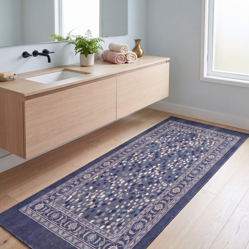 Tapis Highland Modern à motif mosaïque mouchetée abstraite, bleu marine, turquoise, gris, crème et rose, lavable à la machine, antidérapant, à poils courts, pour l'intérieur et l'extérieur, adapté aux animaux domestiques, idéal pour le salon, la chambre, la salle à manger, l'entrée, le couloir ou le bureau.