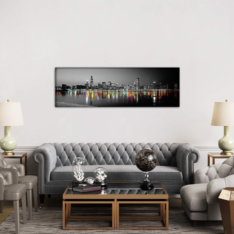Skyline At Night With Color Pop Lake Michigan Reflection, Chicago, Cook County, Illinois, Usa by Panoramic Images - Wrapped Canvas Panoramic Print