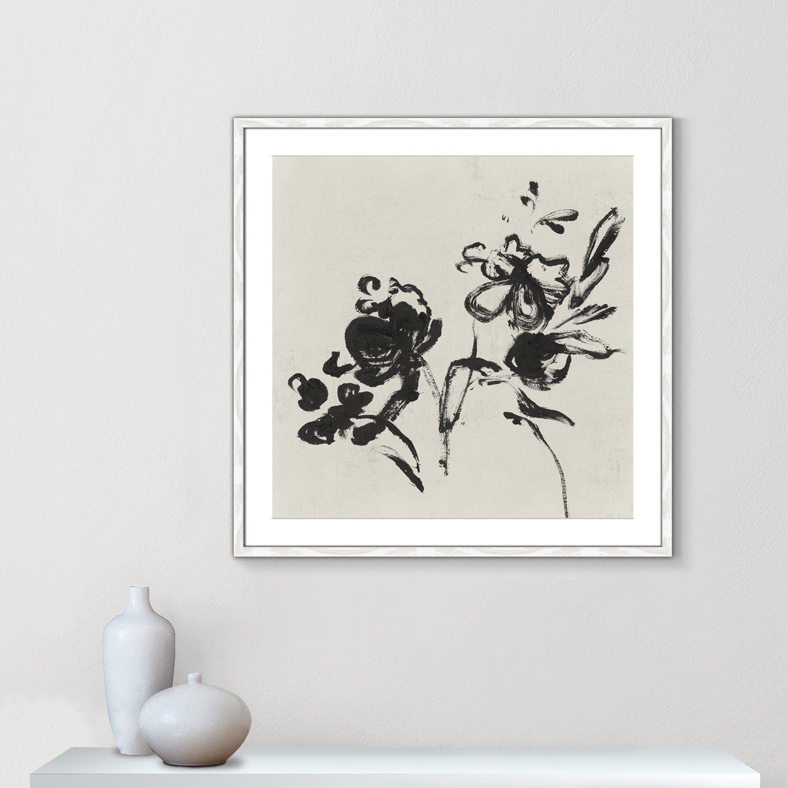 Frony "Black Florals I" Painting by Isabelle Z, 32" H x 32" W, White Wood Grain
