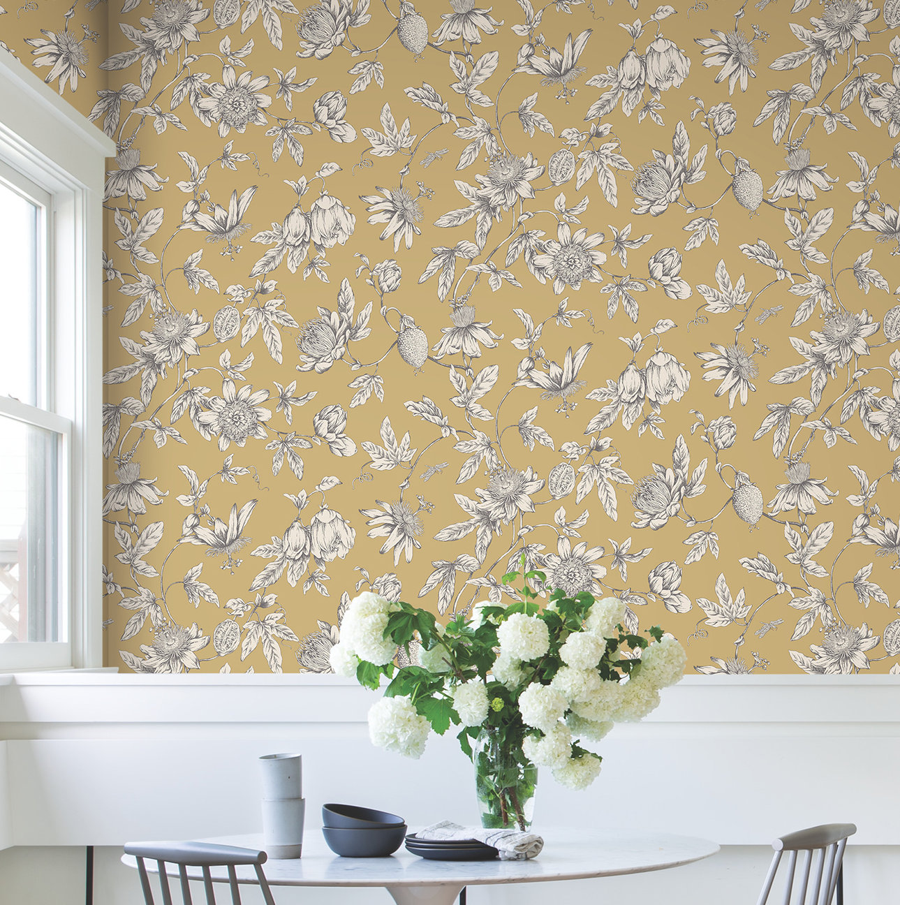 Passion Flower Toile Floral Wallpaper, Harvest
