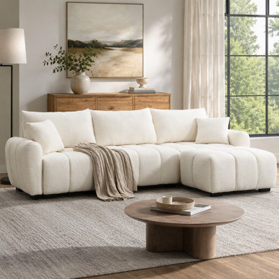 Canapé d'angle modulaire de 110 pouces, forme en L avec assise extra-large, système de traction, pouf amovible, mousse haute densité, combinaisons libres, structure robuste en métal et bois, tissu bouclé, 3 couleurs