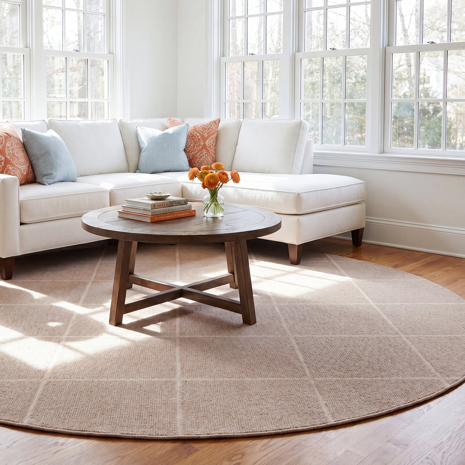 Beige Hand-Tufted Geometric Wool Rug, Round 6'