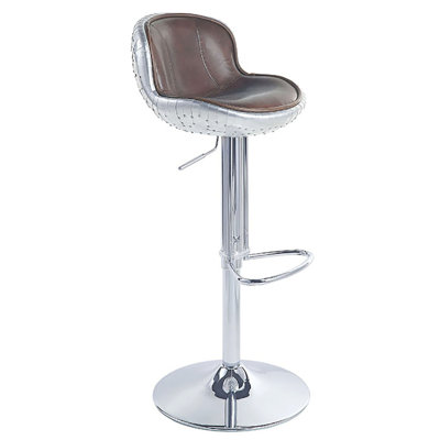Brown Leather Adjustable Swivel Stool - Vintage Inspired With Aluminum Patchwork For Dining In Patchwork, Metal Structure, Ergonomic