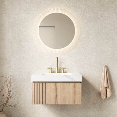 Armoire de meuble-lavabo flottant 30 po avec tiroir et porte, comptoir en pierre frittée blanche, vasque en céramique, pré-assemblé, chêne, contreplaqué d'eau, meuble-lavabo à 3 trous de robinet, comptoir, trous percés dans le bassin,
