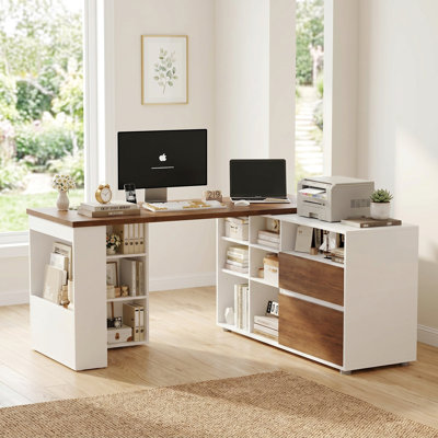 61'' Farmhouse L Shaped Desk With Storage Drawers, Home Office Extendable Corner Computer Desk