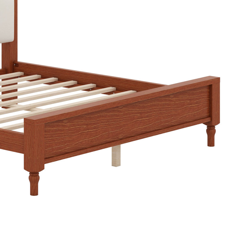 Structure de lit avec tête de lit tapissier courbée, structure de lit en bois de style Mid-Century avec support à lattes de bois