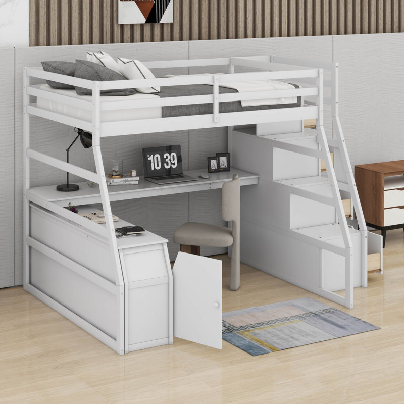 Lit mezzanine double avec tiroirs, Lit double, Blanc