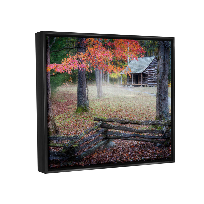 «Log Cabin Woody Autumn Foliage Floater», art mural par Rick Berk, H 25 po x l 31 po x P 1,7 po, Cadre flottant noir de jais