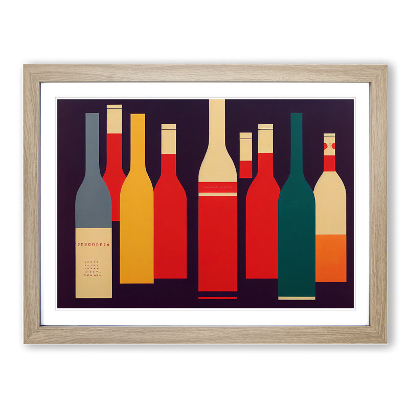Retro Wine Bottle Vol.1 - Framed Print, 25cm H x 34cm W x 2cm D, Oak Framed