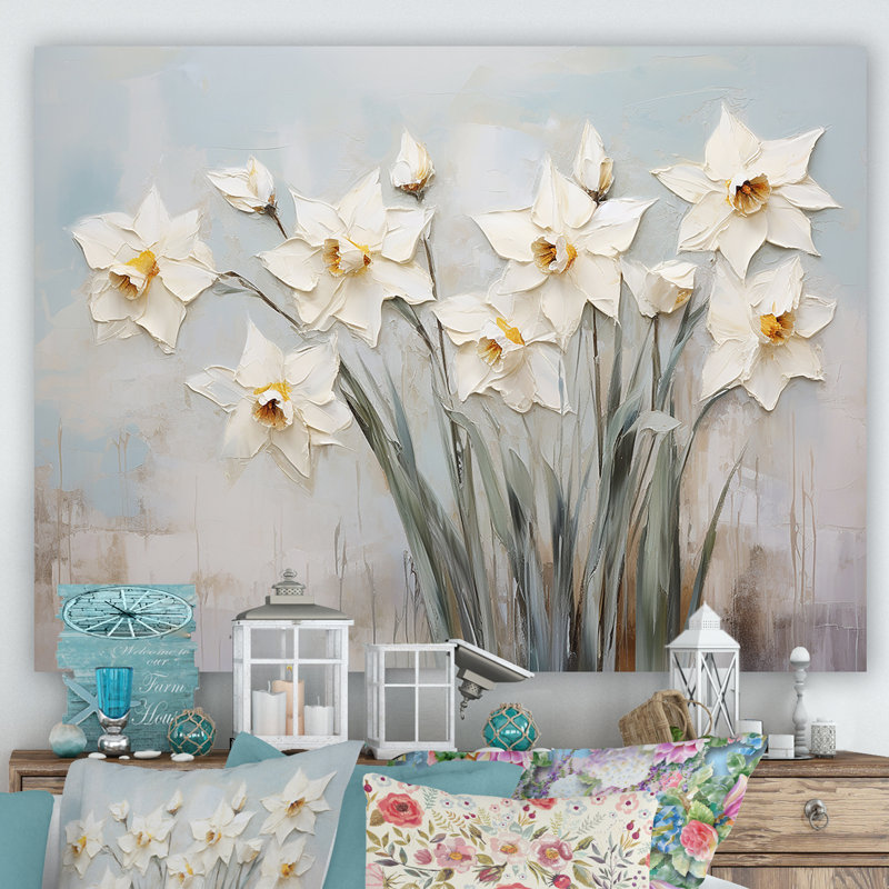 Minimalisme - jonquilles blanches, Toile tendue, H 12 po x l 20 po x P 1 po