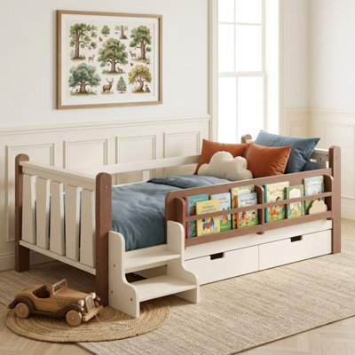 Lit d'enfant en bois massif avec bibliothèques de rangement et tiroirs, lit pour tout-petit avec escalier et garde-corps Montessori