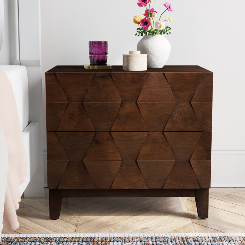 Iasiah Midcentury Modern 26''W 2-Drawer End Table with Charging Station and Solid Wood Legs, Walnut