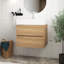 Meuble-lavabo moderne en chêne brut de 24 po avec lavabo en quartz d'ingénierie blanc brillant et tiroirs doux, meuble-lavabo mural flottant-136249013