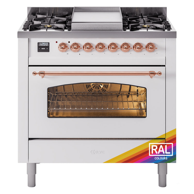 ILVE Nostalgie II 36 Dual Fuel Range, knobs, RAL/Brass, Liquid Propane