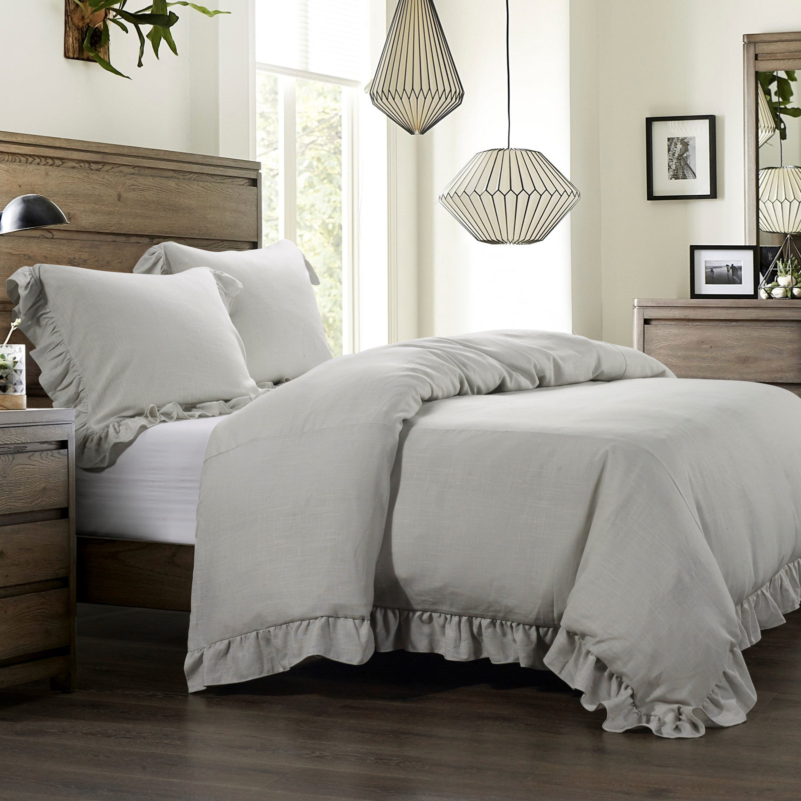 Lily Linen Duvet Cover Set, Gray, Queen Duvet Cover