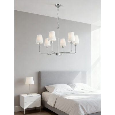 6-Light Farmhouse Chandelier With Linen Shades, Adjustable Chain For Sloped Ceilings, Industrial Ceiling Light Fixture For Kitchen Island Dining Room