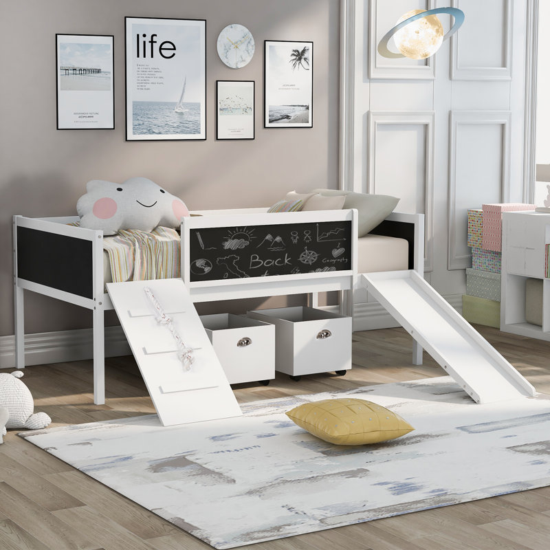 Arcadia Loft Bed With Two Storage Boxes, Rustic Pine And Chalkboard, White