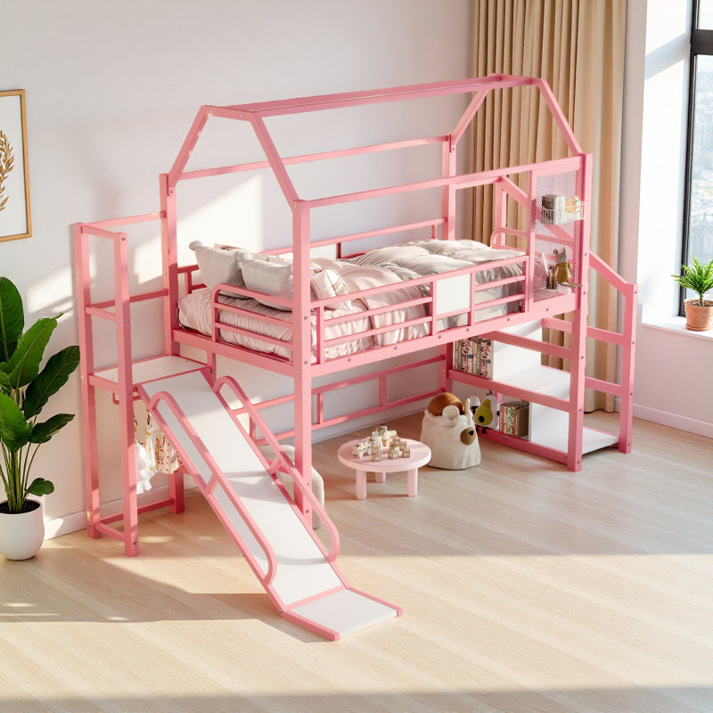 Lit mezzanine avec glissade et escalier, lit de jeu en métal avec tablettes de rangement, toit en forme de maison et conception silencieuse