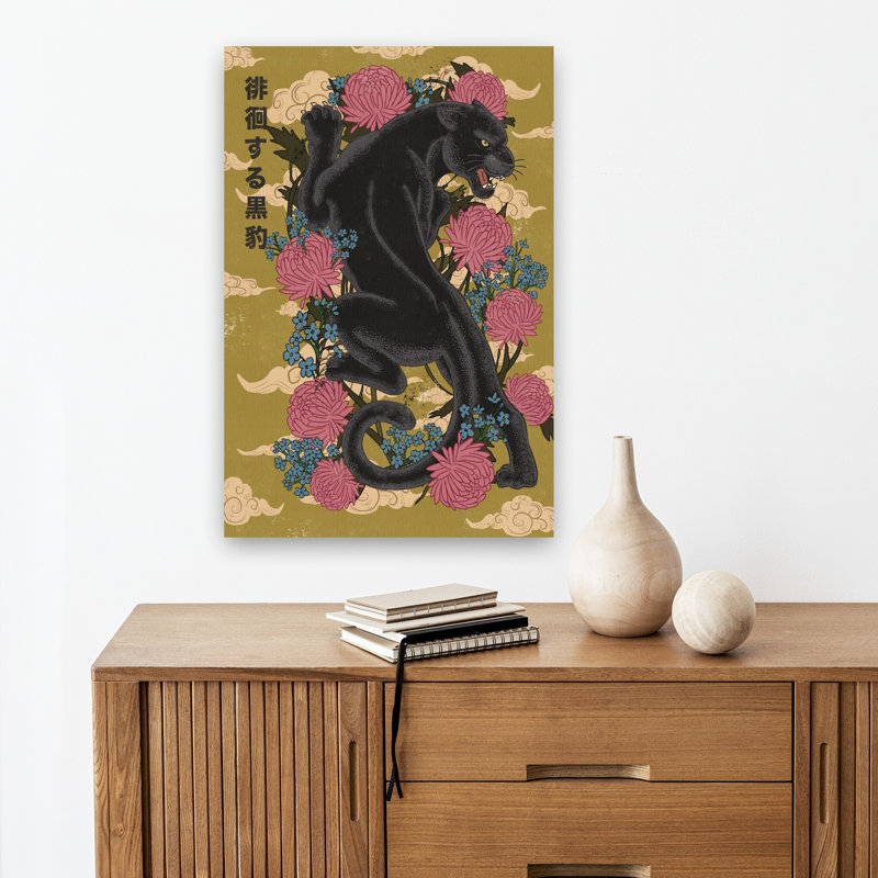 Japanese Black Panther Flowers Elegant Traditional Abstract Cat Chrysanthemum Flower Landscape Wall Art Print 1 Piece Wrapped Canvas Wall Art
