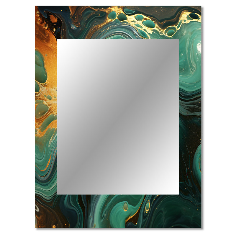 Abstrait vert et or Marble River II - miroir en marbre, miroir mural décoratif vert, impression sur métal, 40 po x 30 po