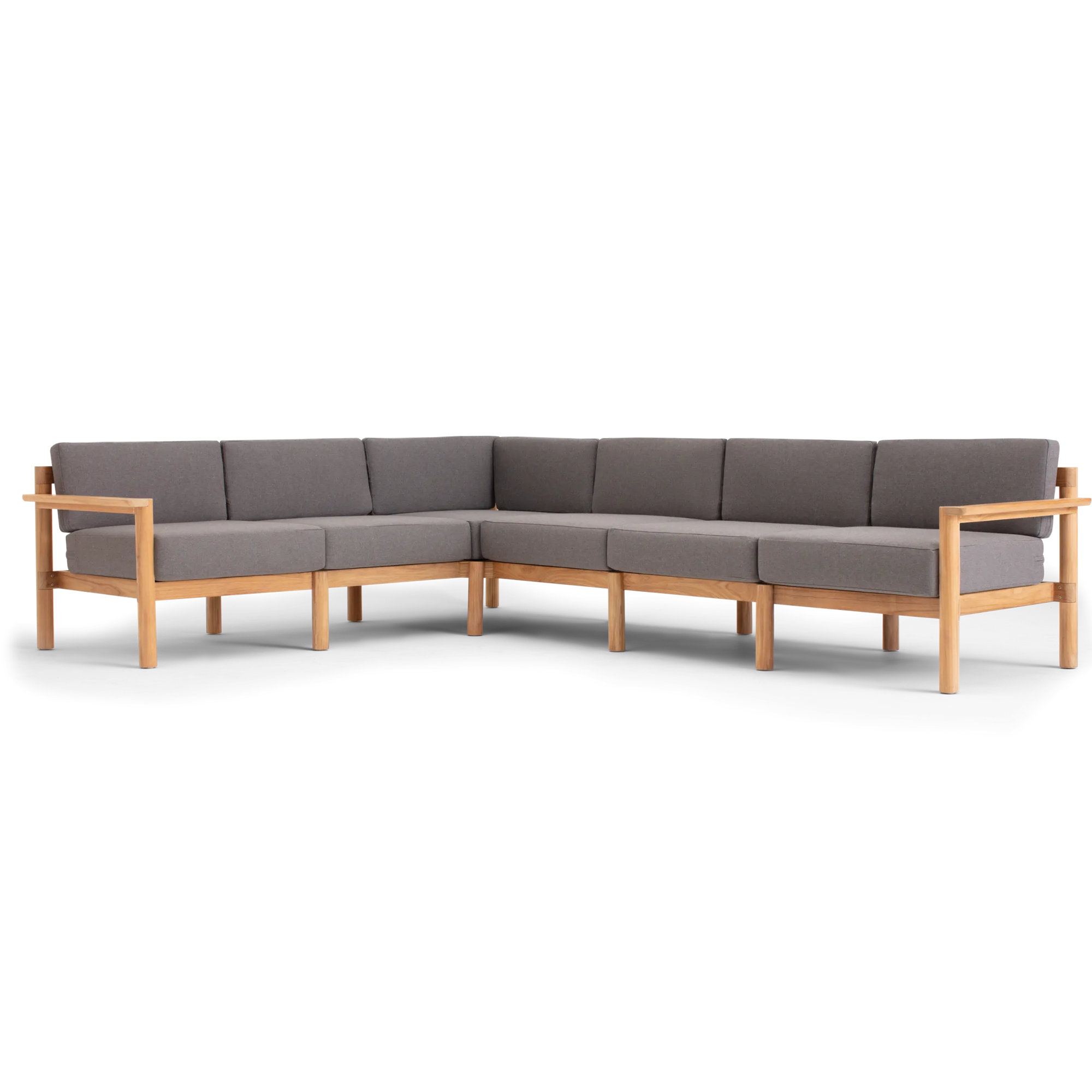 Haven 6-Piece Teak Outdoor Sectional with Sunbrella Cushions and Wooden Armrest in Rust, Sunbrella Greystone