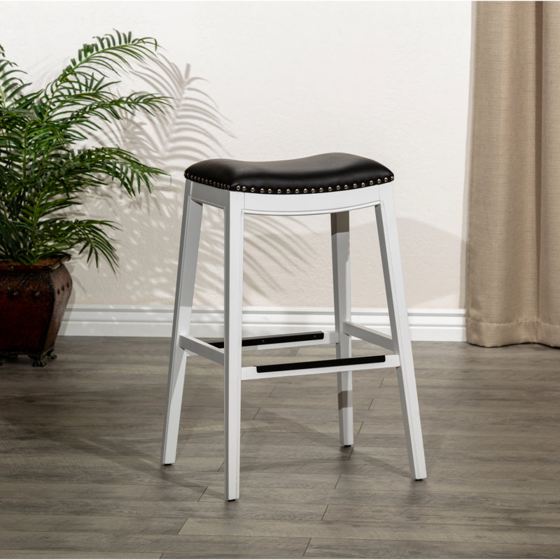 White 30" Bar Stool With Black Leather Seat, Stylish And Comfortable, Fits Kitchen Decor Stool, Leather, Solid Hardwood Construction For Settings