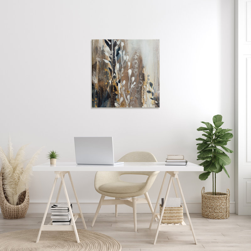 Peinture abstraite moderne brun-gris, plantes en cascade, encadré noir, art texturé par K. Nari, H 30 po x l 30 po