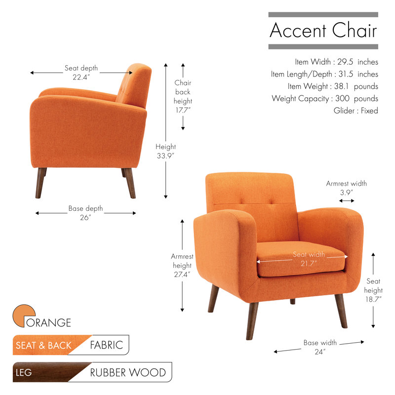 Jonoah Fabric Accent Chair with Rubberwood Legs, Orange Polyester Blend