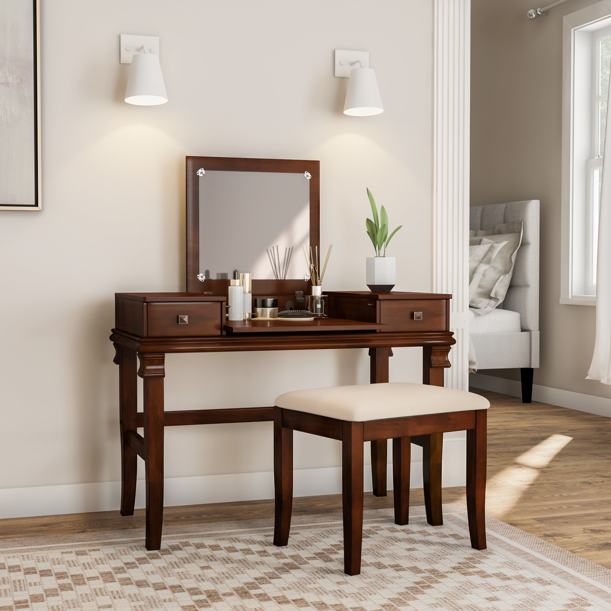 Alcott Hill Godines Vanity Set with Stool and Mirror Reviews Wayfair