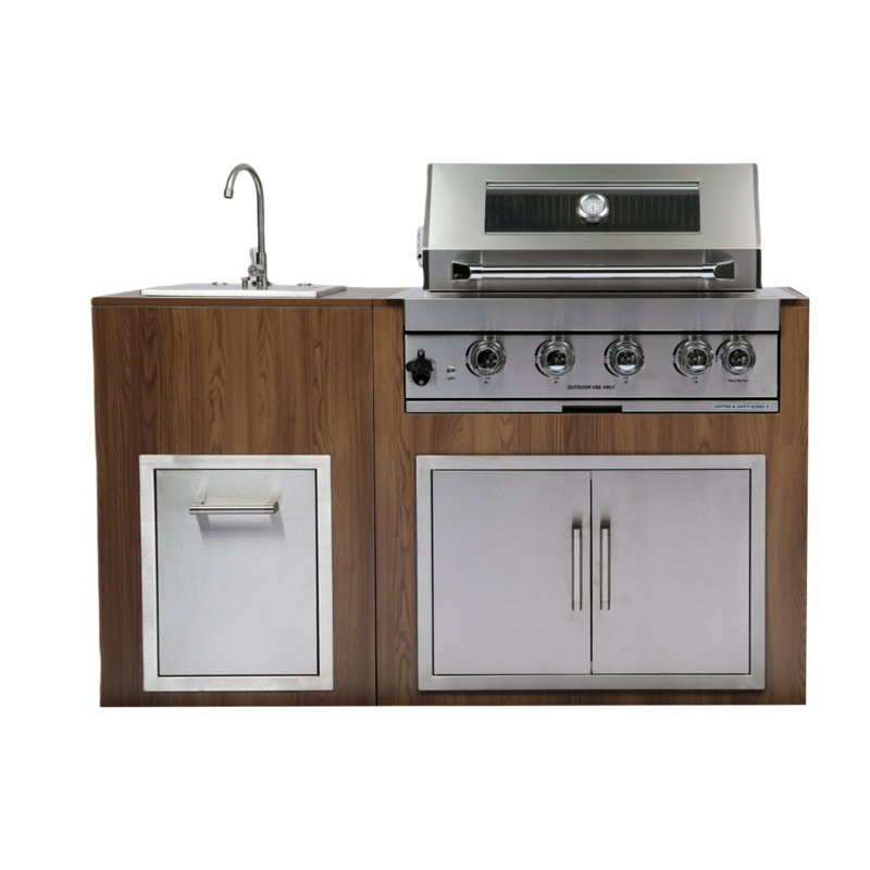 Four encastré en acier inoxydable de 32 po avec quatre brûleurs coulés en acier inoxydable de 32 po, brûleur arrière infrarouge, grilles de cuisson de 8 mm, porte double, tiroir, évier, lumières halogènes, plateau à graisse, poubelle, tiroir amovible