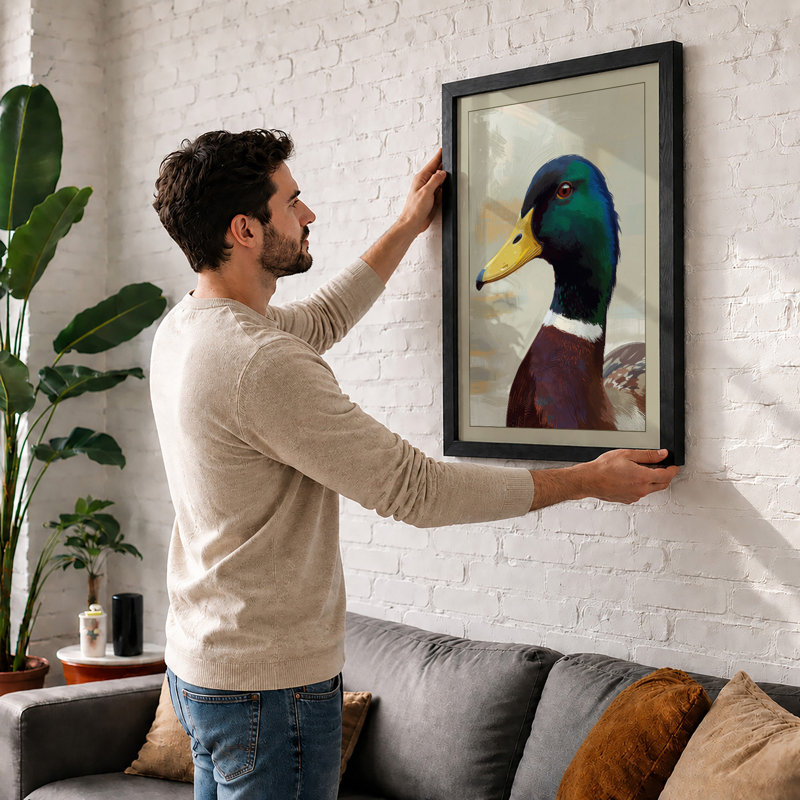 Mallard Portrait Botanical - Framed Print, A4 - 29.7 x 21.0 cm, White
