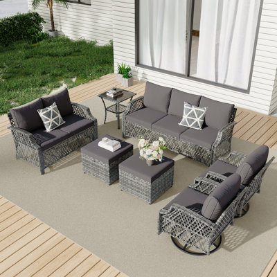 7 Piece Patio Furniture Set, Wicker Outdoor Conversation Sofa Set With Swivel Chairs, 2 Ottomans, Glass Side Table