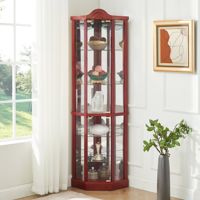 Vitrine d'angle éclairée, étagères réglables couleur cerisier, bois sculpté, fini bois.