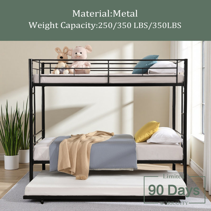 Twin Over Twin Metal Bunk Bed With Trundle, Black