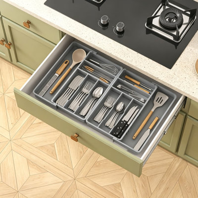 Cutlery Drawer Organsier, Extendable Utensil Tray for Kitchen, Silverware and Flatware Holder 12 Sections, Grey