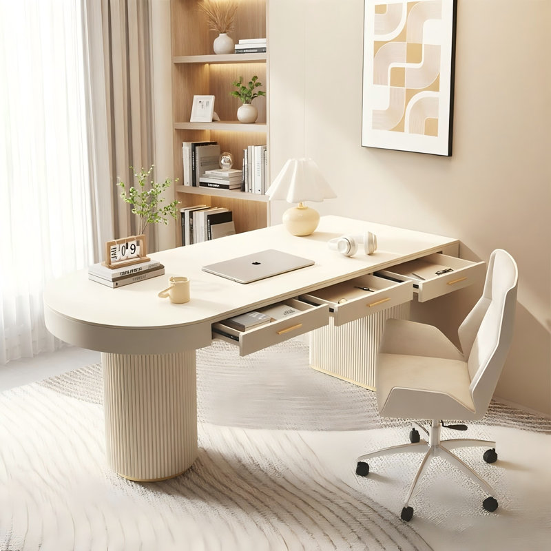 Bureau crème à demi-cercle droit, 3 tiroirs, H 29,53 po x l 55,12 po x P 27,56 po, Retour à gauche
