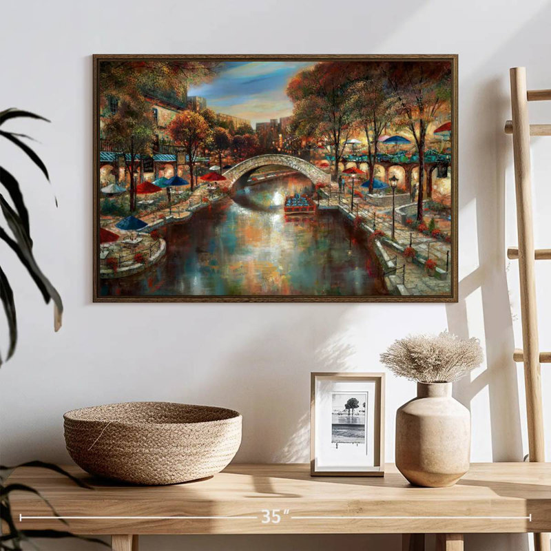 Soirée sur le canal, 25 po x 17 po, Cadre flottant noyer