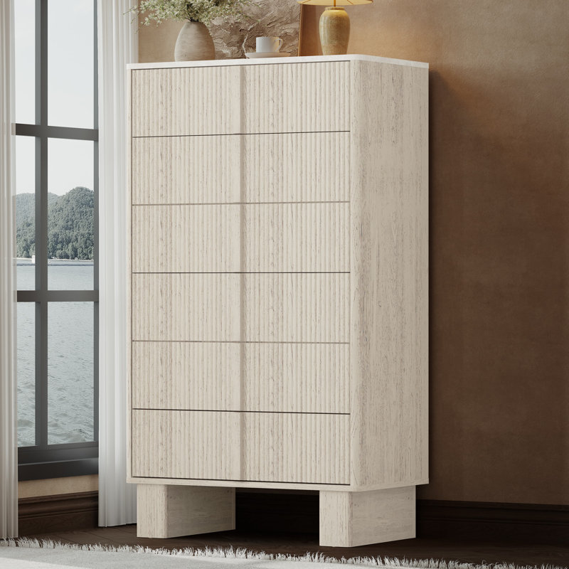 Fluted 6 Drawer Tall Dresser for Bedroom, 51” Modern Chest with Faux Marble Top, Wood Storage Organizer for Living Room, Hallway