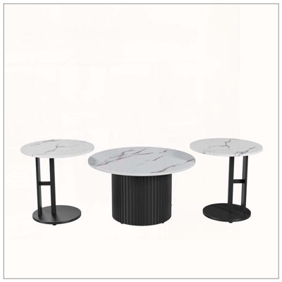 3-Tier Nesting Coffee Table Set with Faux Marble Tops and Ribbed Metal Base