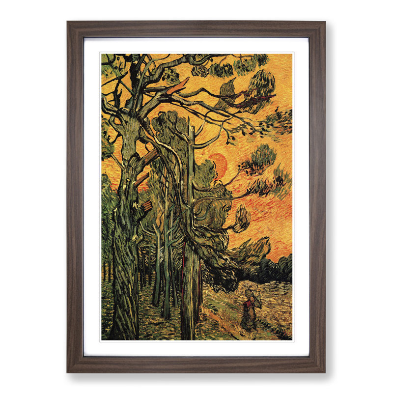 Pine Trees Against a Red Sky by Vincent Van Gogh - Picture Frame Painting, 48cm H x 36cm W x 2cm D, Walnut Framed
